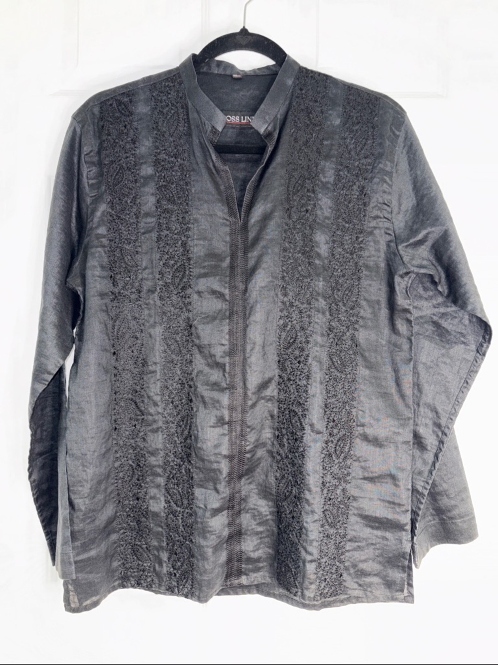 Cross Line Black Textured Embroidered Lightweight Shirt